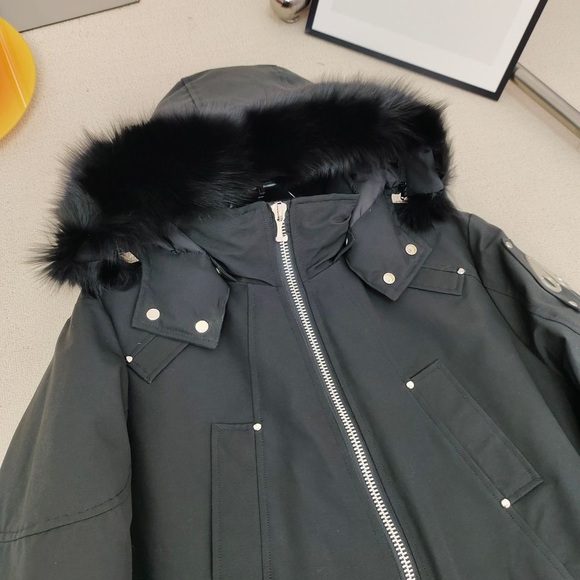 Moose Kuckles- Black faux fur hoodied coat with zipper protection and pockets